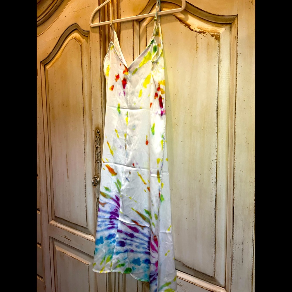Never worn! Swim cover up in white with colorful tie-dye. One size fits all!